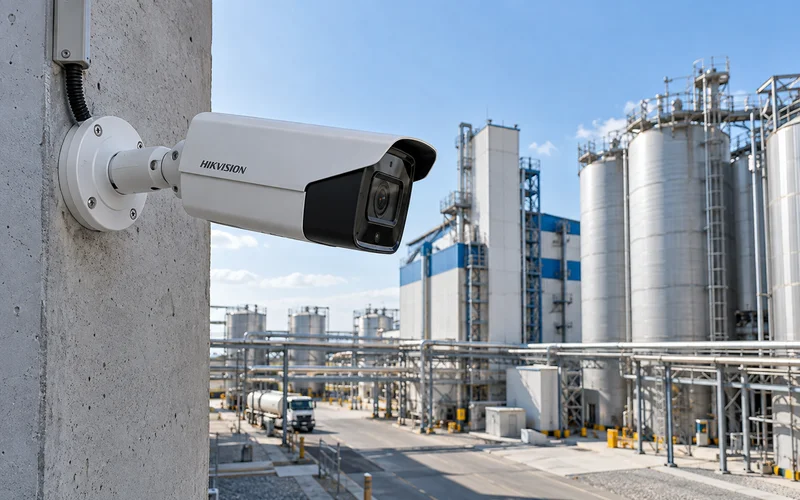 Камера Hikvision на фасаде заводского цеха, обзор производственной территории
