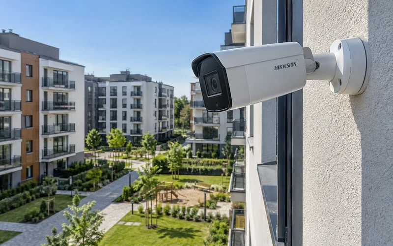 Камера Hikvision на фасаде многоэтажки, обзор двора ЖК