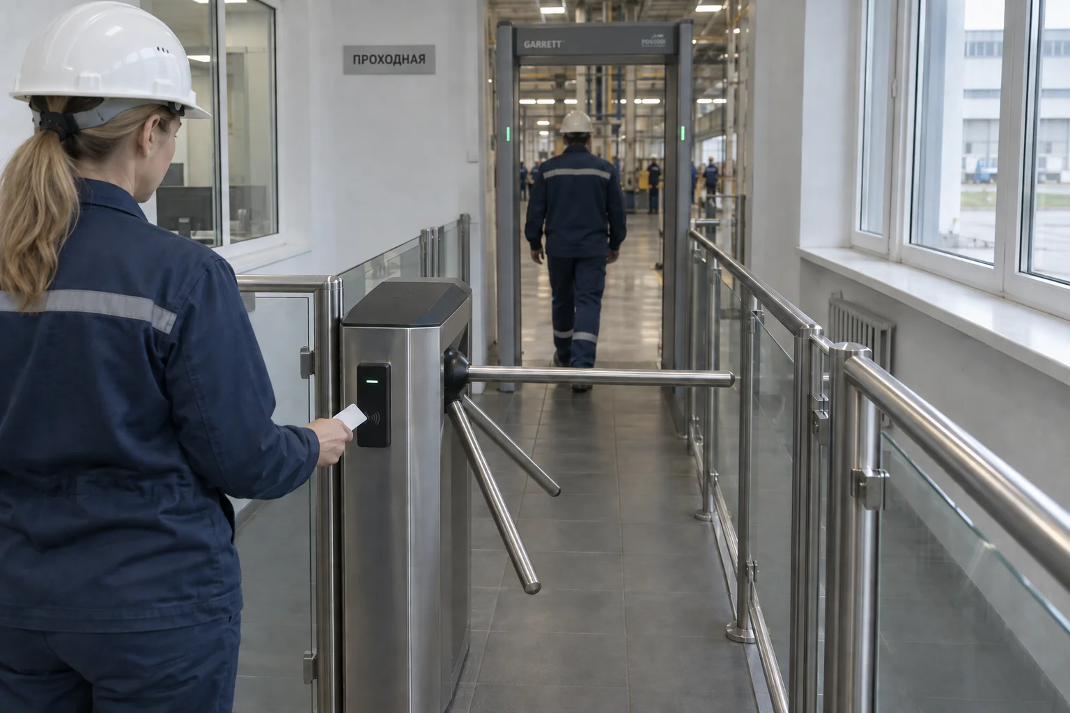 Сотрудница прикладывает карту к считывателю трипода, позади коллега проходит металлодетектор