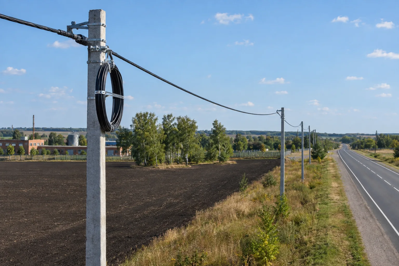 Подвесная оптическая линия на опорах вдоль загородной дороги
