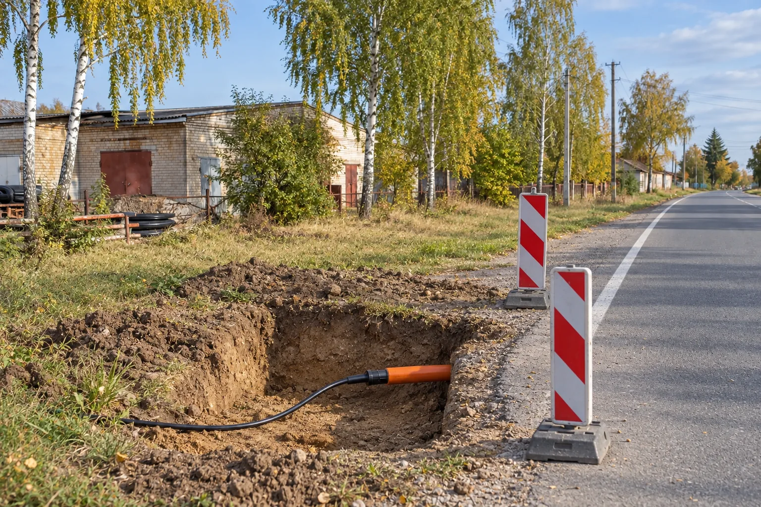 Защитная труба с оптикой выходит из перехода под дорогой