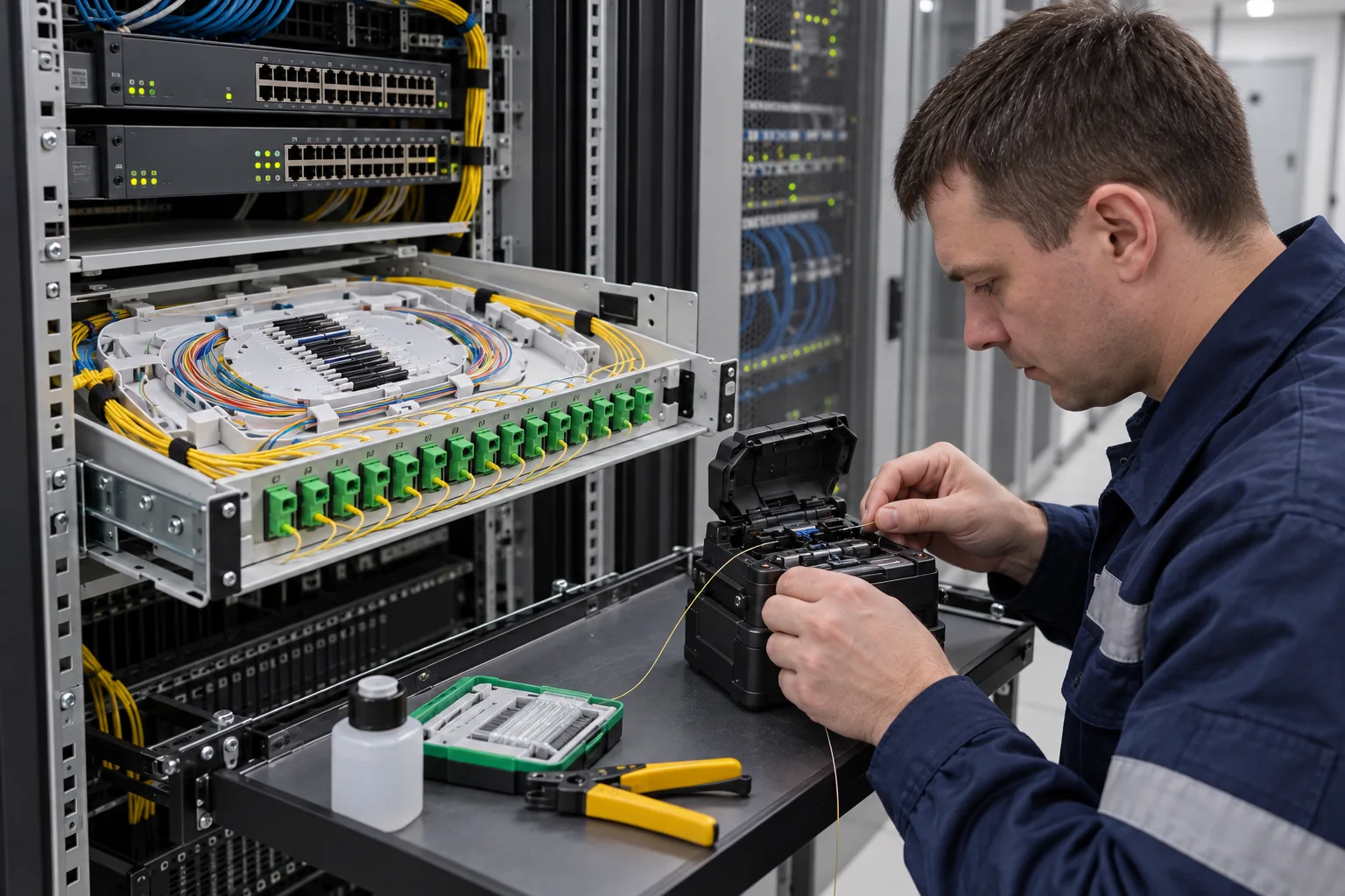 Инженер сваривает волокна у открытого оптического кросса в серверной